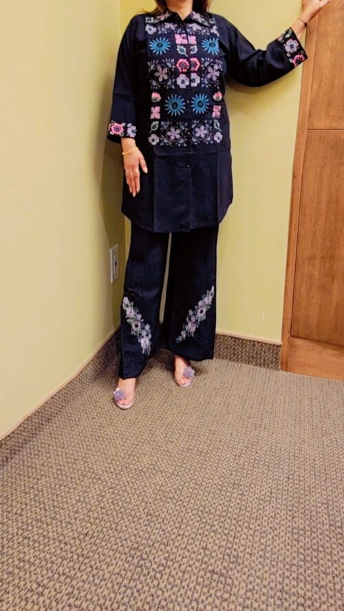 Black Multi-thread Embroidered Co-ord Set  Roman silk fabric