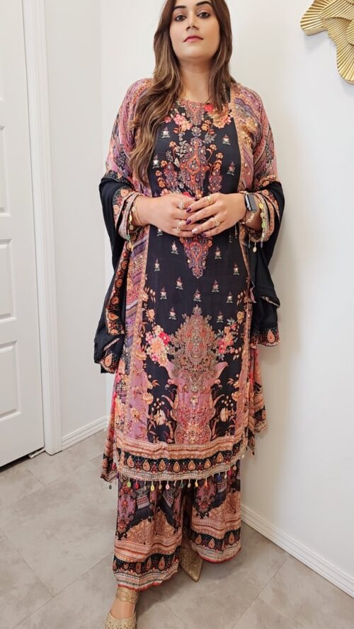 Pure Crepe Black Digital Print Mirror handwork C-Cut Garara Suit - 3 Piece