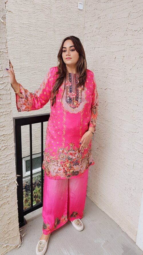 Pure Crepe Pink Coord Set with 2 toned Plazo