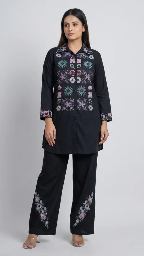 Black Multi-thread Embroidered Roman Silk fabric Coordset