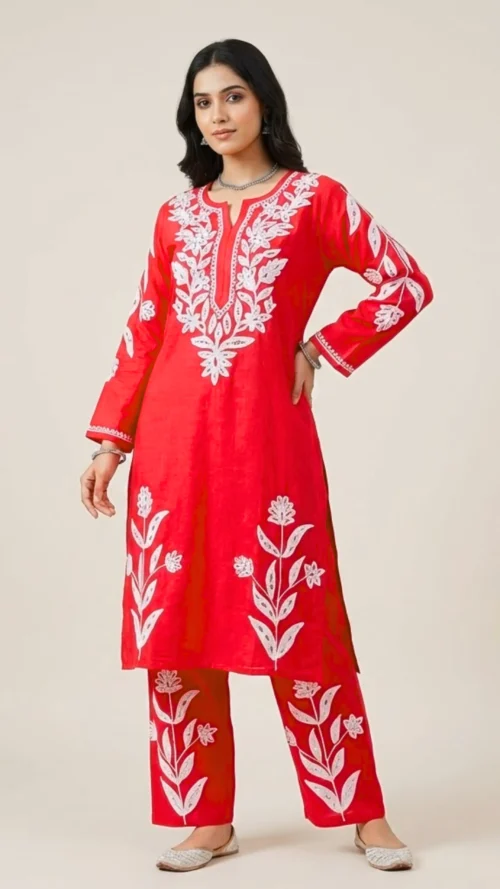 Blooming roses with lighly bell sleeves- deep red 2 piece coord set with white fluffy embroidery on shirt and bottom