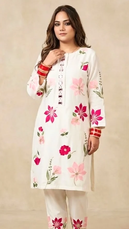 Beautiful and bold flower flowy white paradise cord set - 2 piece with embossed flowers embroidery