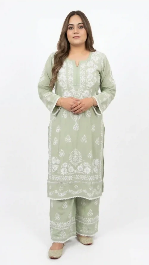 Lucknavi chickenkari light green(pista) color 2 piece kurti set - Premium modal fabric - Size 38