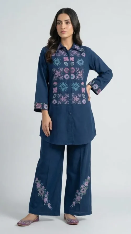 Black Multi-thread Embroidered Roman Silk fabric Coordset