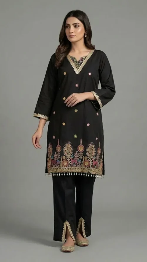 Black Partywear Coordset with pearl tassel lace