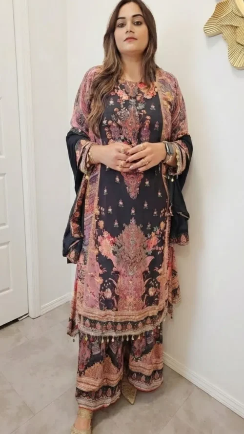 Pure Crepe Black Digital Print Mirror handwork C-Cut Garara Suit - 3 Piece