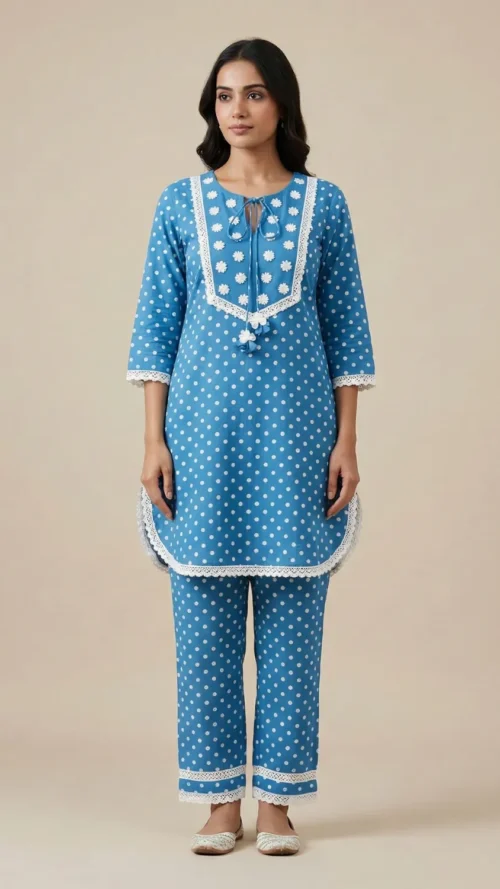 Baby blue color u cut Farshi Salwar suit - with dori tessels with bell sleeves and polka farshi salwar - 2 piece