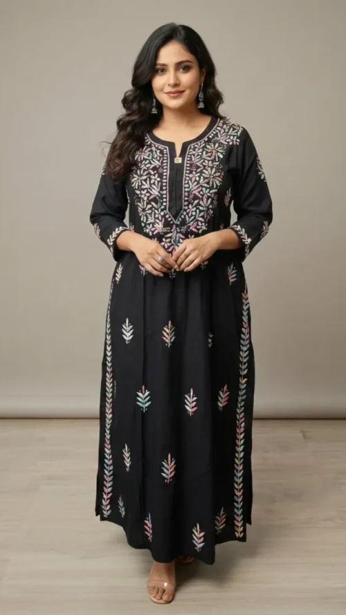 Lucknavi chickenkari kurti with multi color embroidery Fabric - premium modal sizes 40 42 44