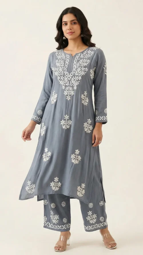 Lucknavi chickenkari kurti sets with white embroidery- kurti and plazo ( 2 piece) size 44 price $40 Fabric rayon Color - grey