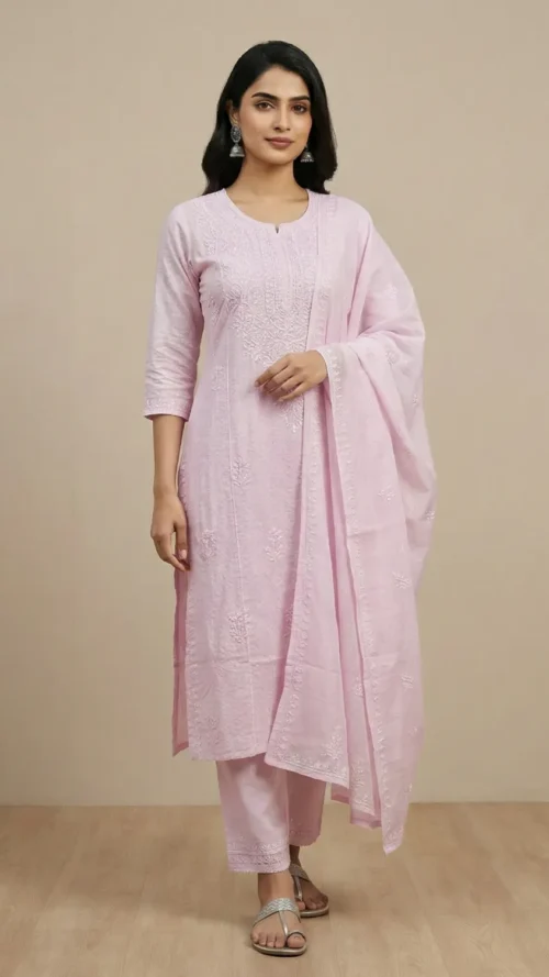 Lucknavi chickenkari kurti sets with white embroidery- kurti and plazo ( 2 piece)  price  Fabric rayon Color - baby pink  Size 46