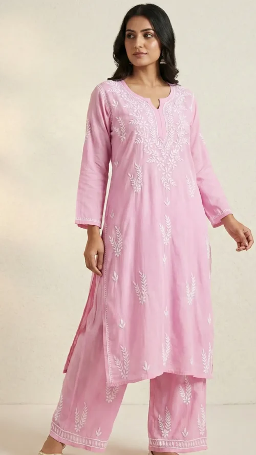 Lucknavi chickenkari kurti sets with white embroidery- kurti and plazo ( 2 piece) size 44 price $40 Fabric rayon Color - blush pink