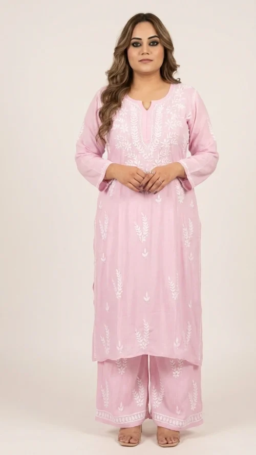 Lucknavi chickenkari kurti sets with white embroidery- kurti and plazo ( 2 piece)  price  Fabric rayon Color - baby pink  Size 46
