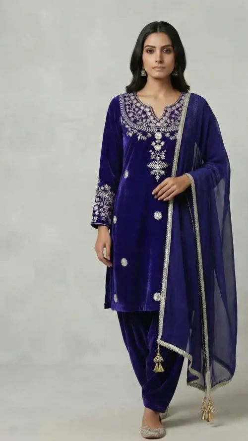 Pure Velvet beautiful 3 piece purple suit with duppatta with golden Latkan