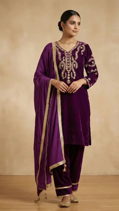 Pure Velvet beautiful 3 piece wine color suit with duppatta hanging golden latkan on corners
