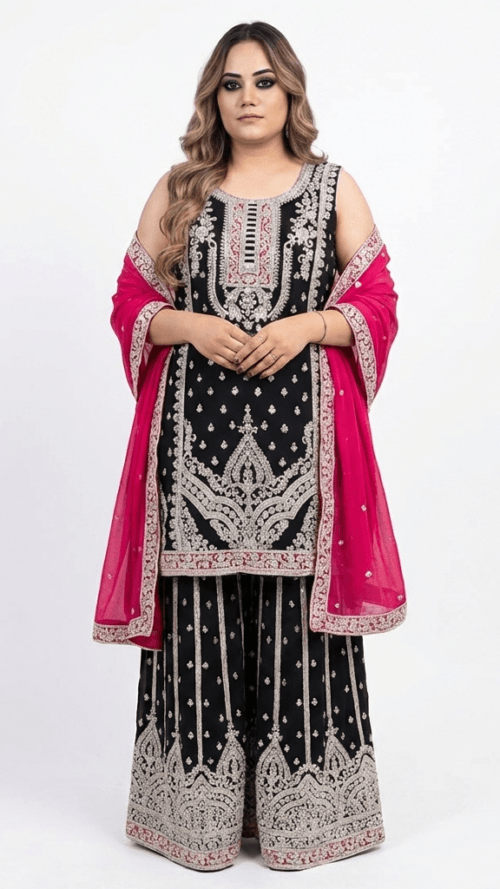 Real Mirror embedded heavy partywear full flaired sharara suit in black and red combination